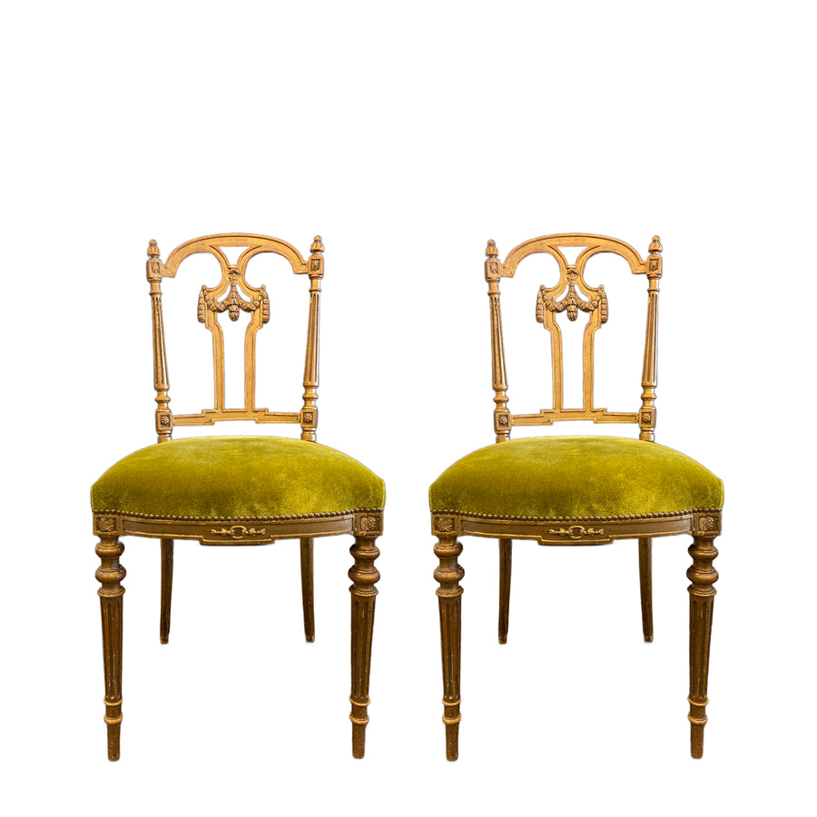 Pair French Regency Style Gold Chartreuse Velvet Music Chairs