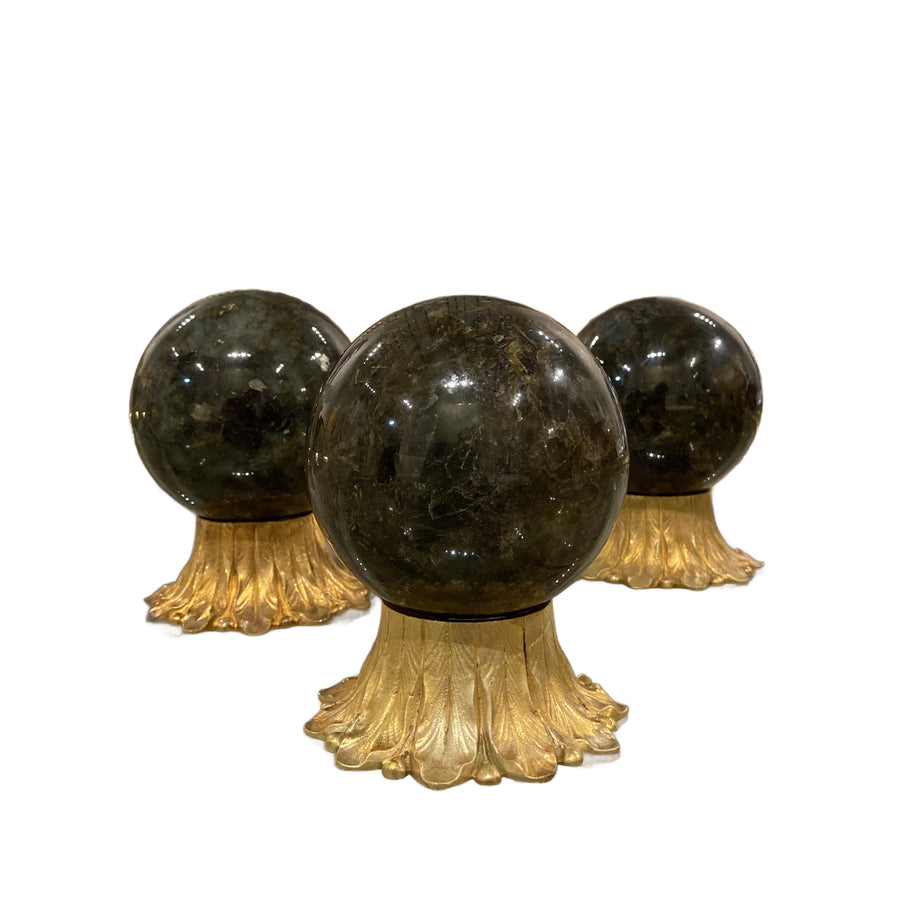 Pair 19th Century Gilt Bronze Napoleon III Bases Labradorite Sphere Orbs