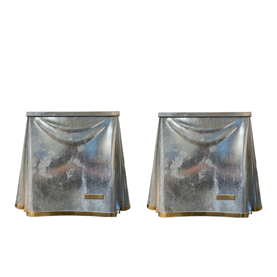 Original Pair John Dickinson Galvanized Steel Drape End Tables, Signed