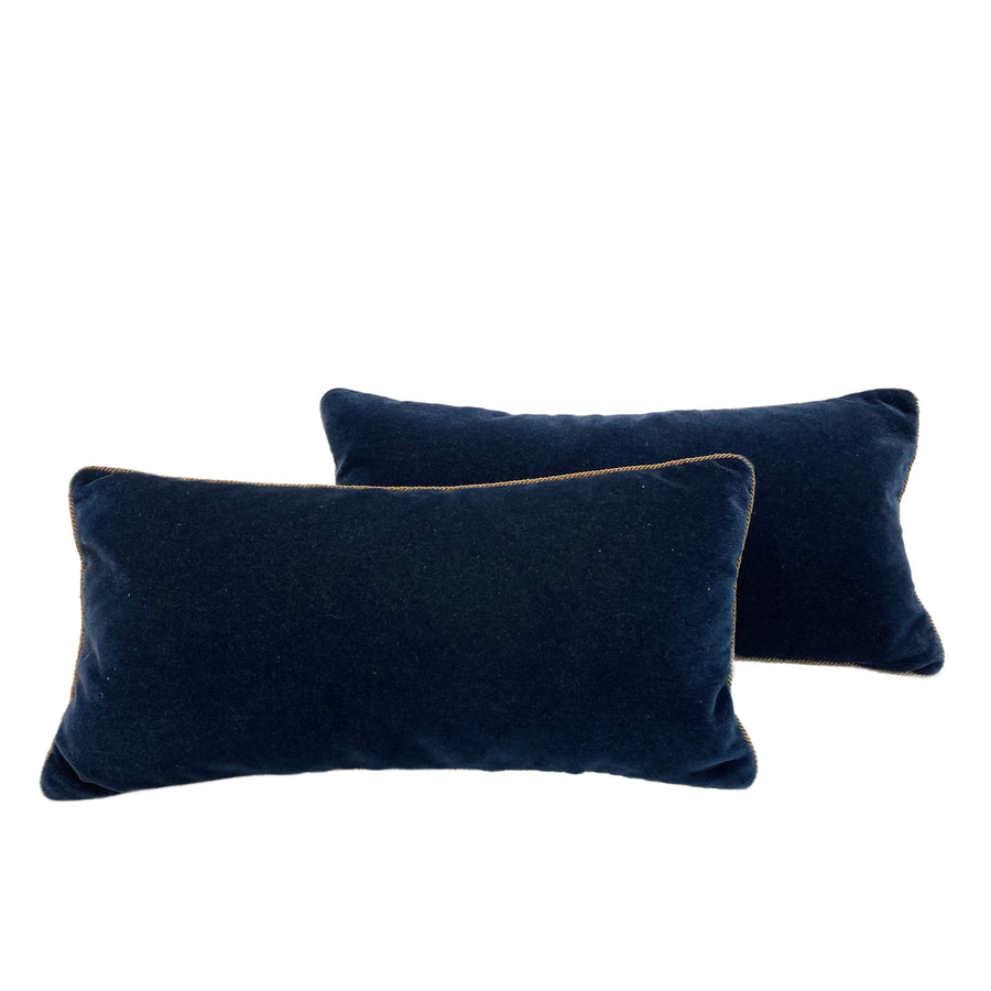 Pair Federal Blue and Gold Rope Trim Mohair Pillows