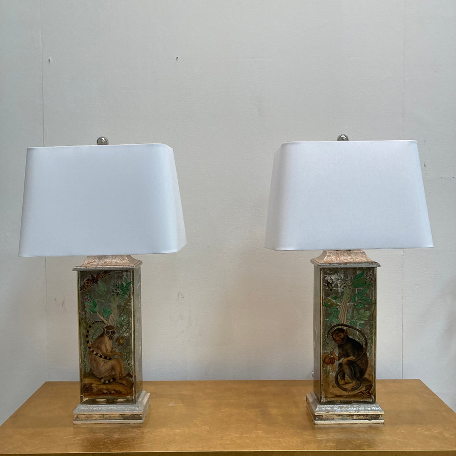 Pair Chinoiserie Reverse Painted Glass Lamps