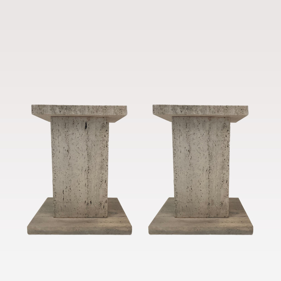 Pair Travertine Pedestal Side Tables