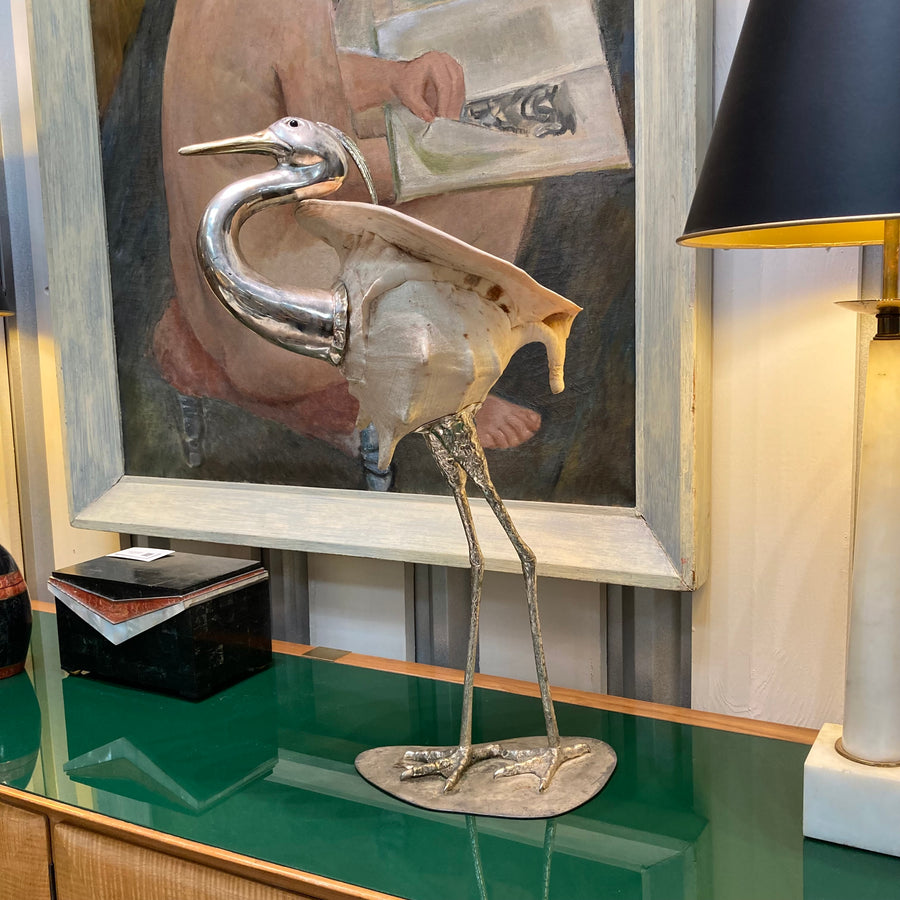 1970s Italian Silverplate & Brass Crested Crane Attributed to Gabriella Binazzi