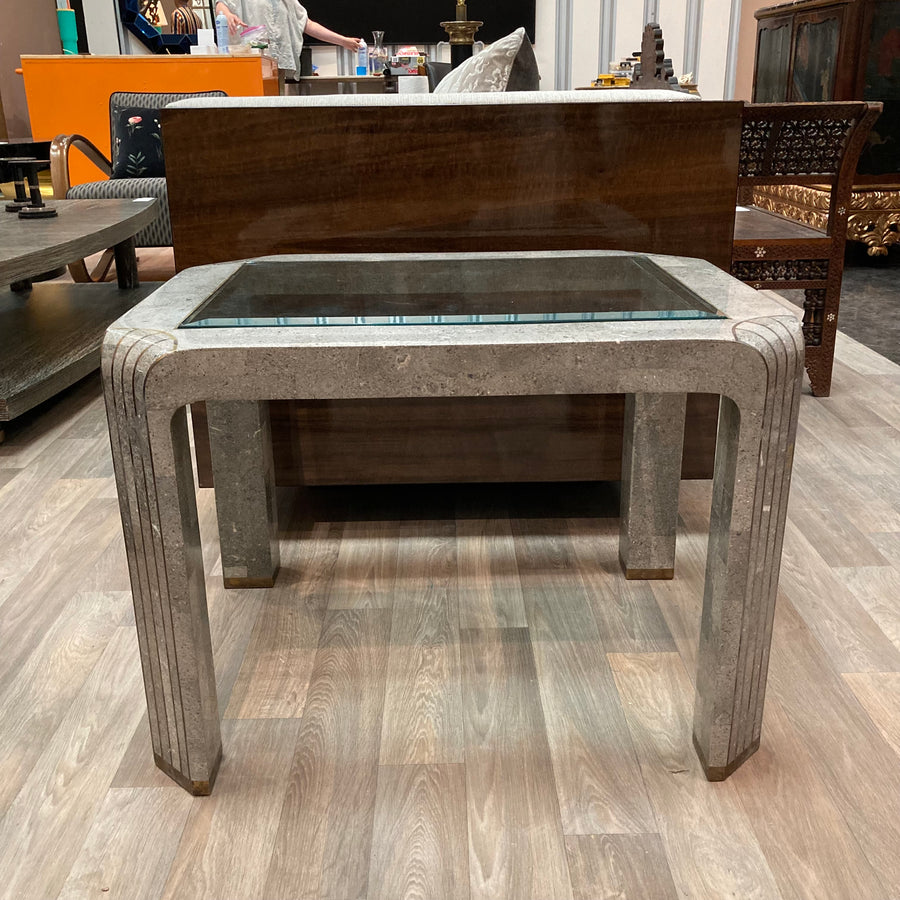Pair Maitland Smith Tessellated Gray Marble & Glass Side Tables