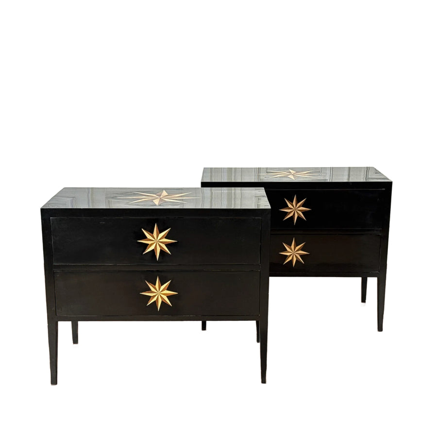 Pair 20th Century Italian Black Lacquered Star Commodes