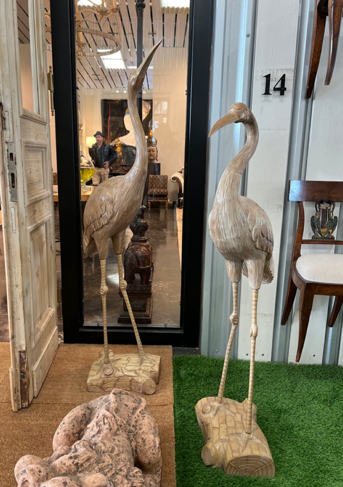 Pair Italian Carved Wood Cranes
