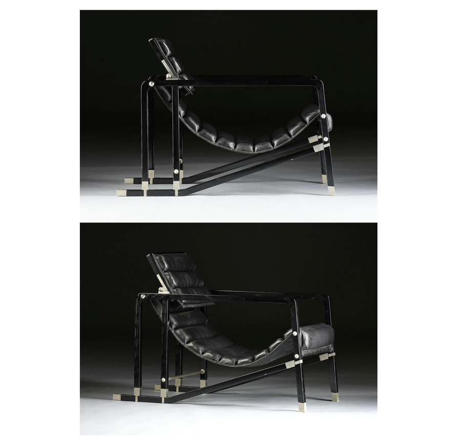 Pair Eileen Gray Ecart International Transat Black Leather Lounge Chairs