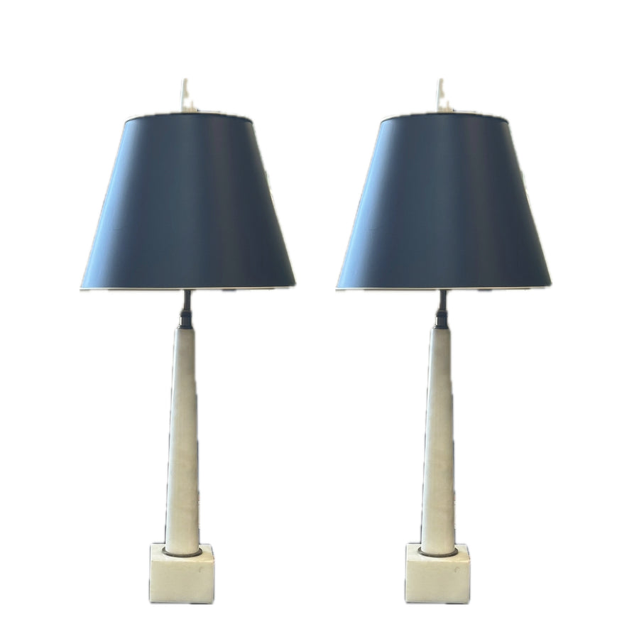 Pair 1950s Italian Conical White Marble Brass Table Lamps