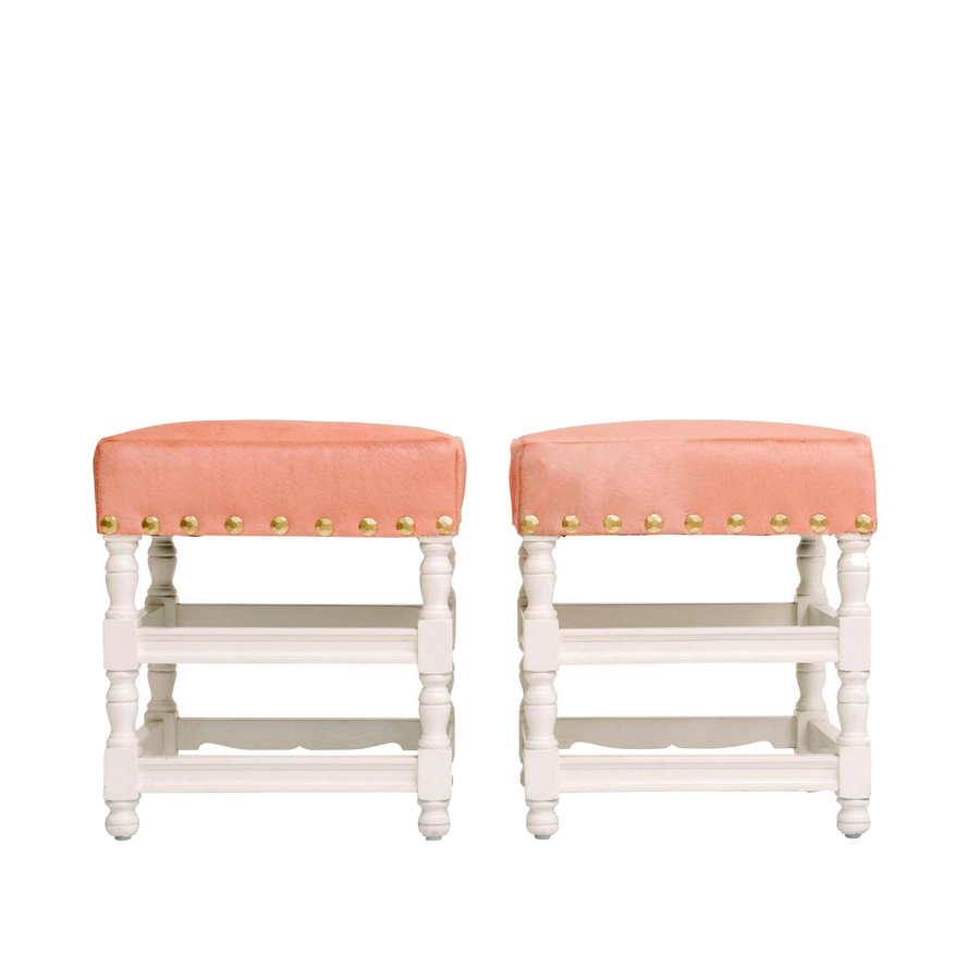 Pair Custom White Lacquer Stools Upholstered In Pink Hide