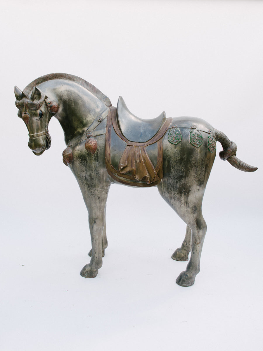Pair Life Size Chinese Tang Style White Bronze Horses
