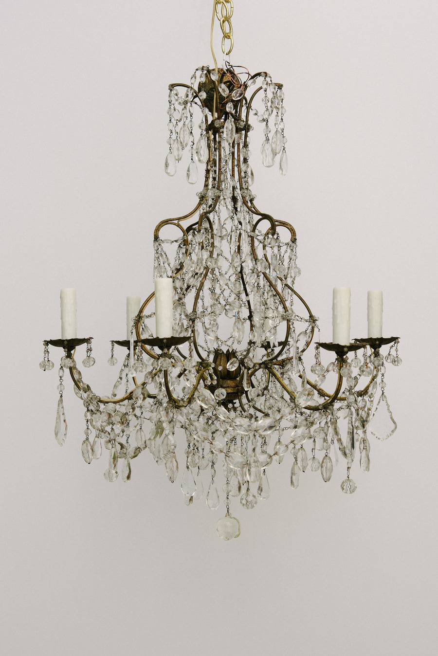 1940s French Gilt Iron And Crystal Chandelier