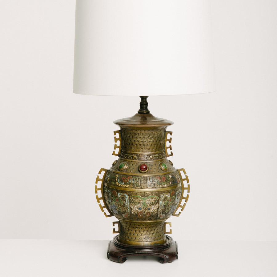 Chinese Brass Table Lamp With Semi-Precious Stones