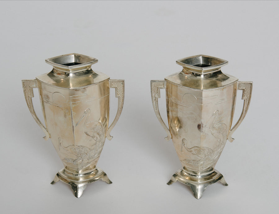 Pair 1940s Art Deco Aesthetic Silver Vases