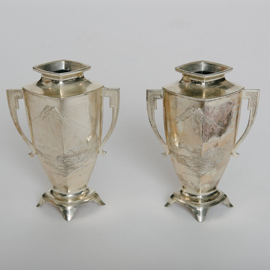 Pair 1940s Art Deco Aesthetic Silver Vases