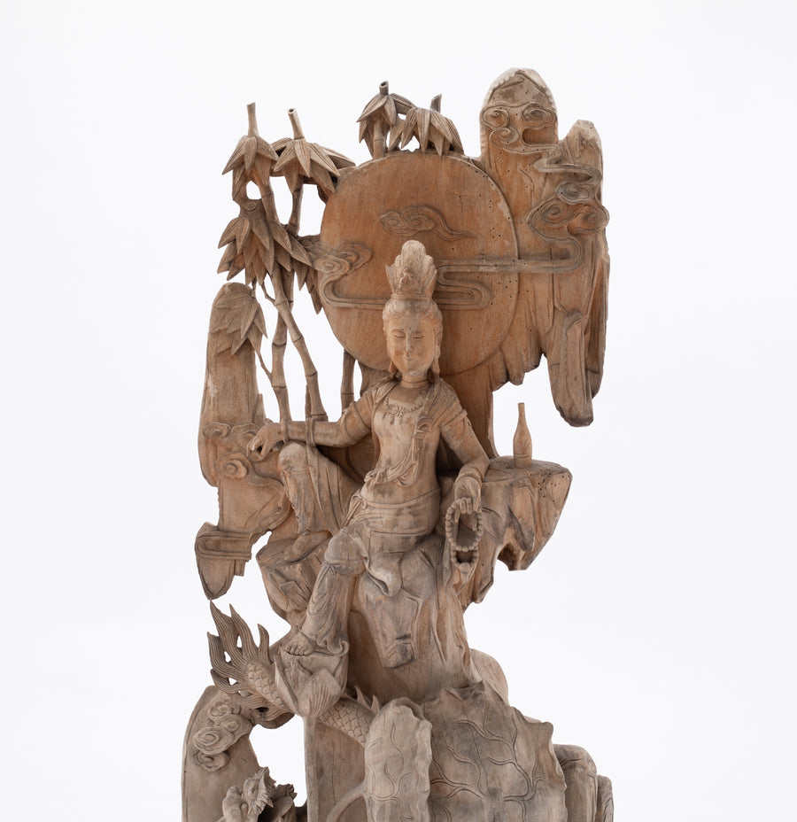 20th Century Seated Quan Yin With Dragon And Bamboo