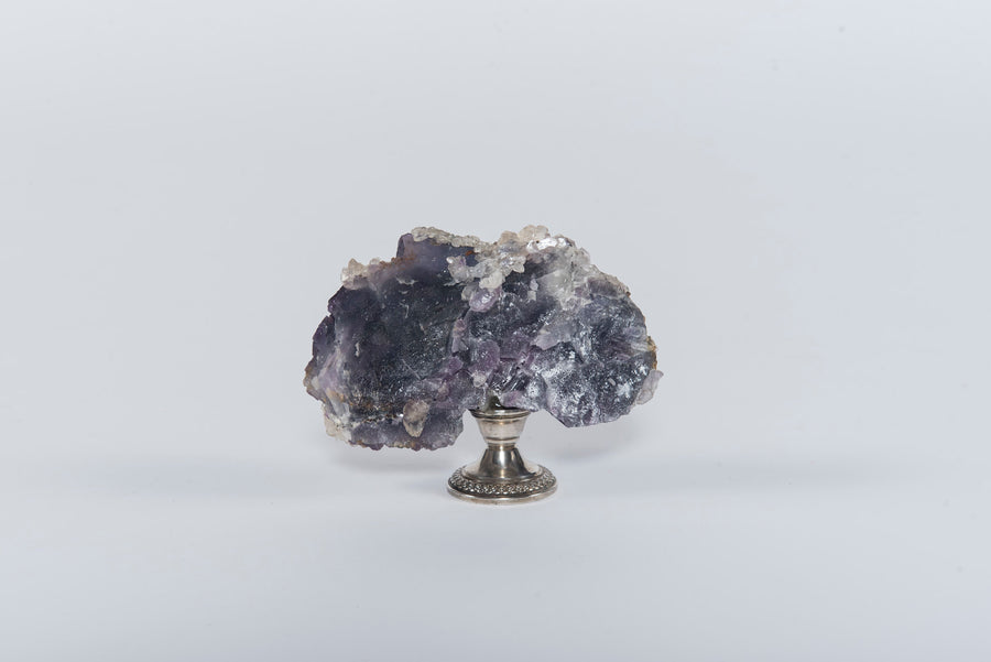 Purle Fluorite And Calcite Mineral Specimen On Sterling Base