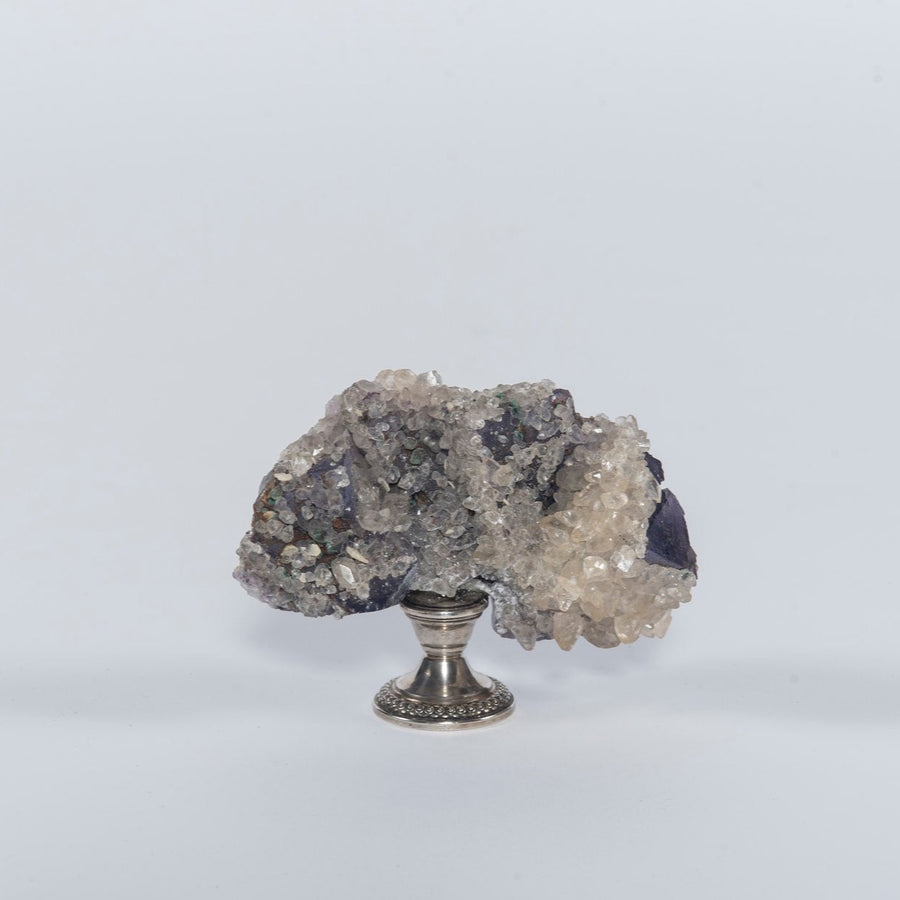 Purle Fluorite And Calcite Mineral Specimen On Sterling Base