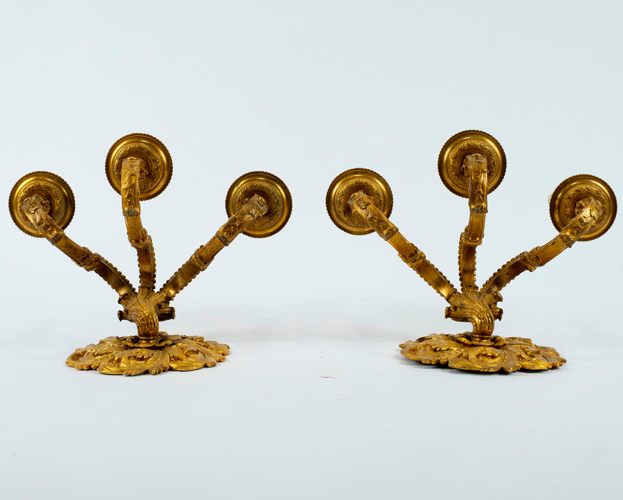 Pair 19th Century Bronze D'ore Three Arm Sconces