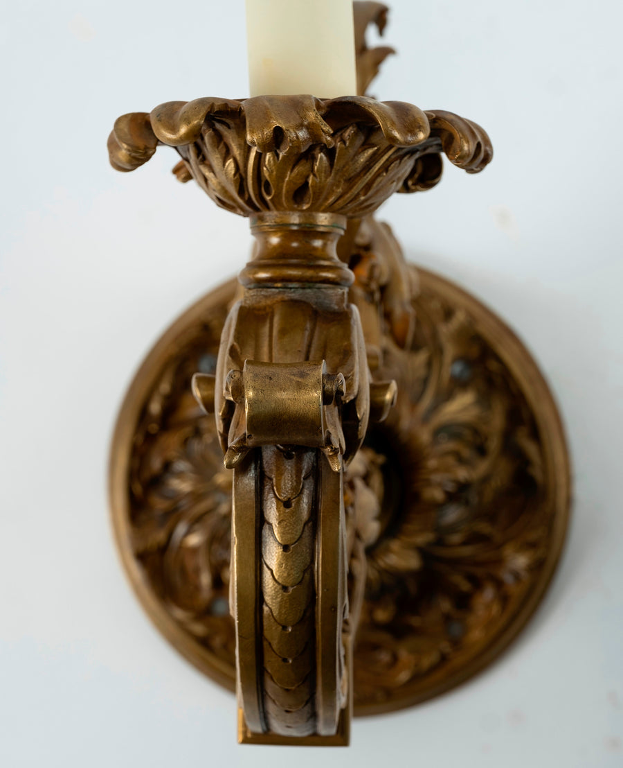 Pair 19th Century Bronze D'ore Single Arm Sconces