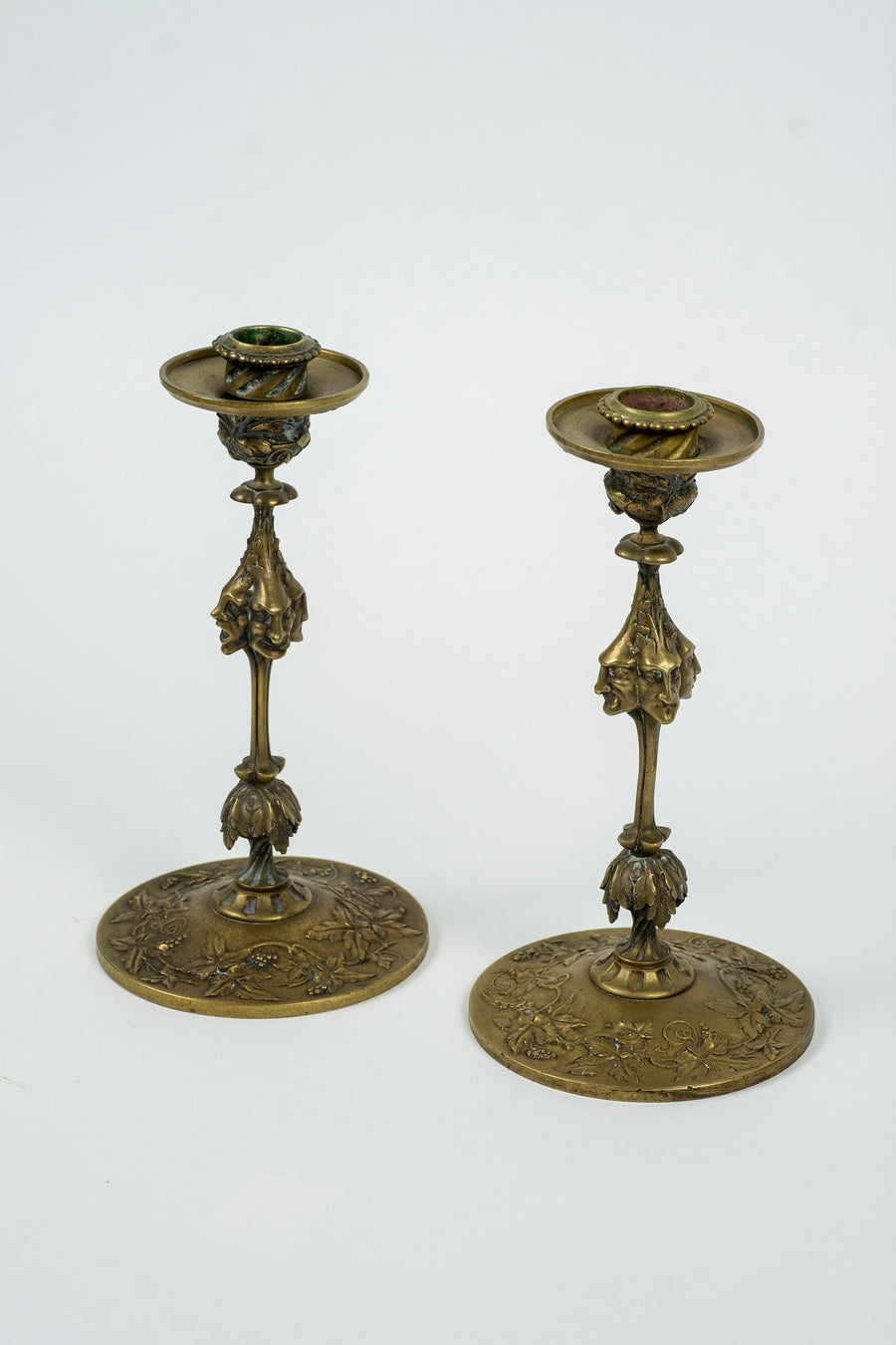 Pair Four-Faced Brass Candlesticks