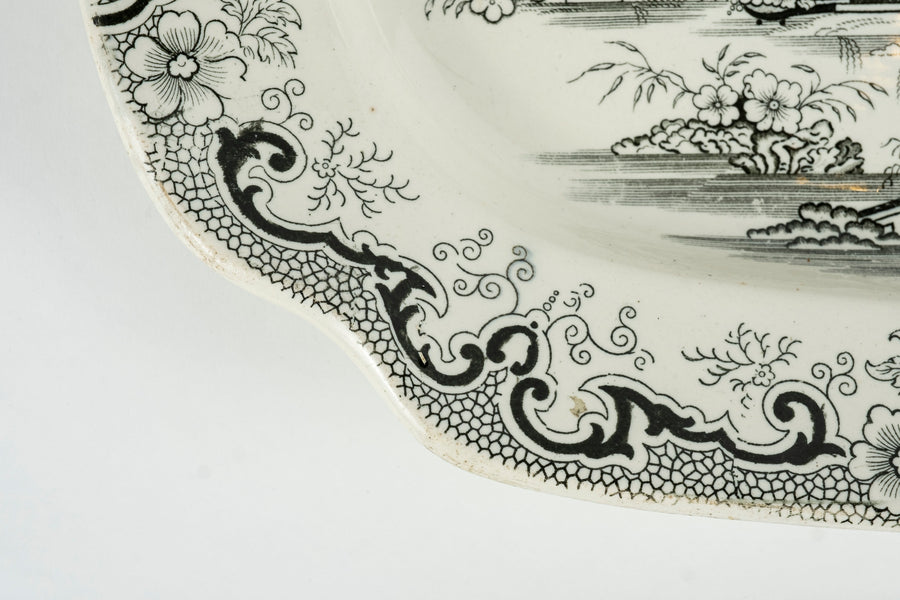 19th Century Iron Stone Black And White Chinoiserie Transfer Ware