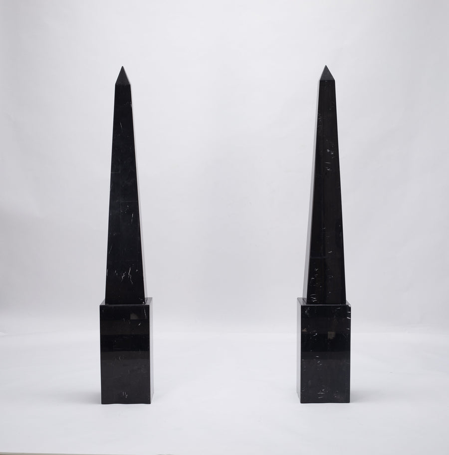 Pair Black Marble Floor Obelisks