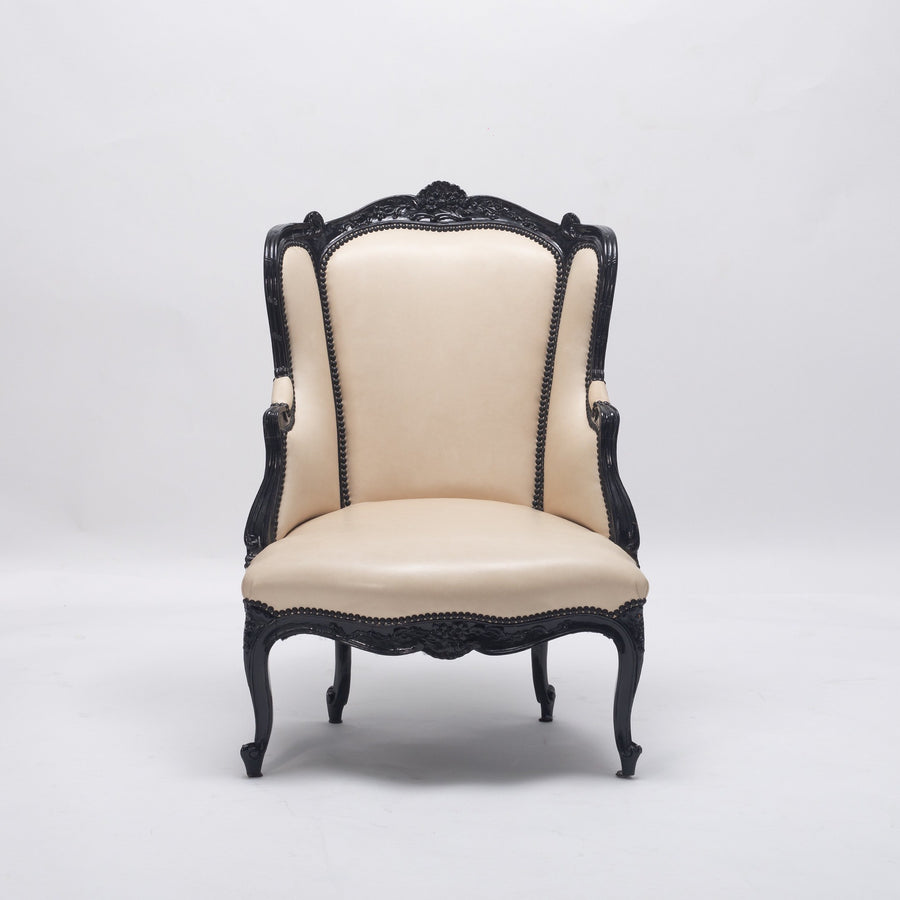 19th Century Louis XV Style Black Lacquered Leather Bergére Chair