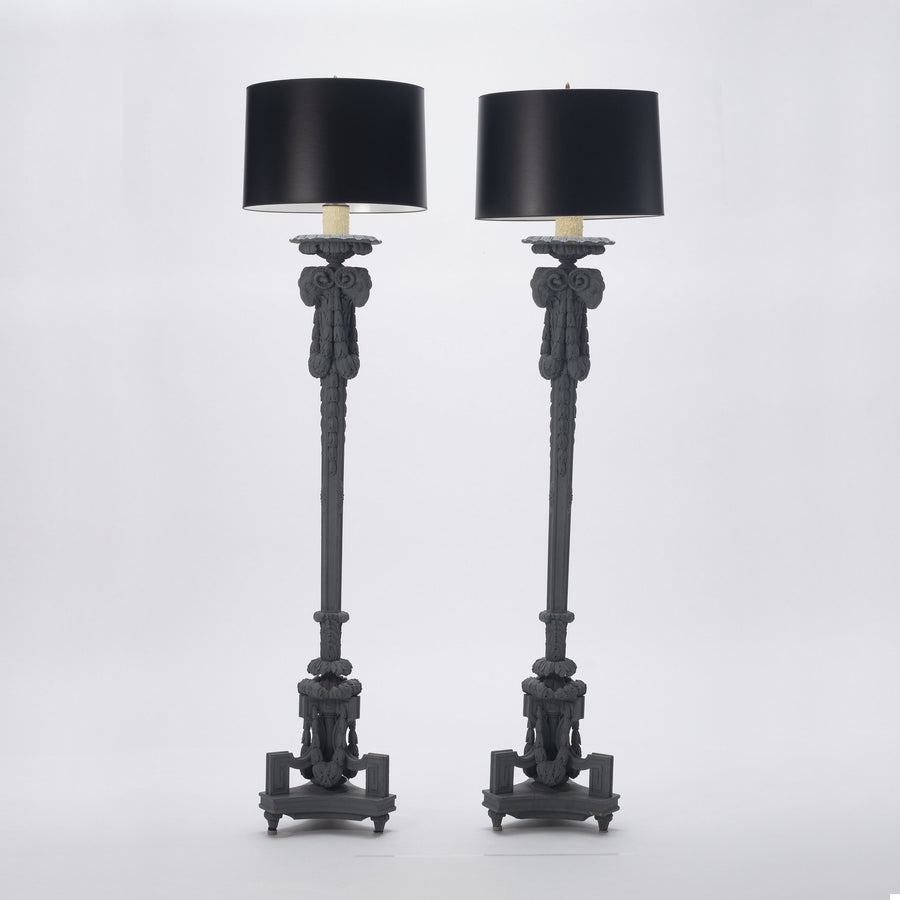 Pair 20th Century Neoclassical Style Carved Ram's Head Floor Lamps