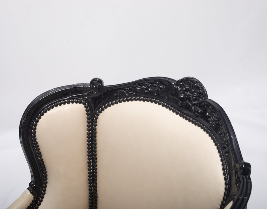 19th Century Louis XV Style Black Lacquered Leather Bergére Chair