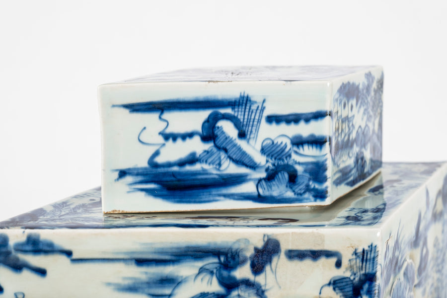 Pair Chinese Diamond-Shaped Blue and White Porcelain Lidded Jars