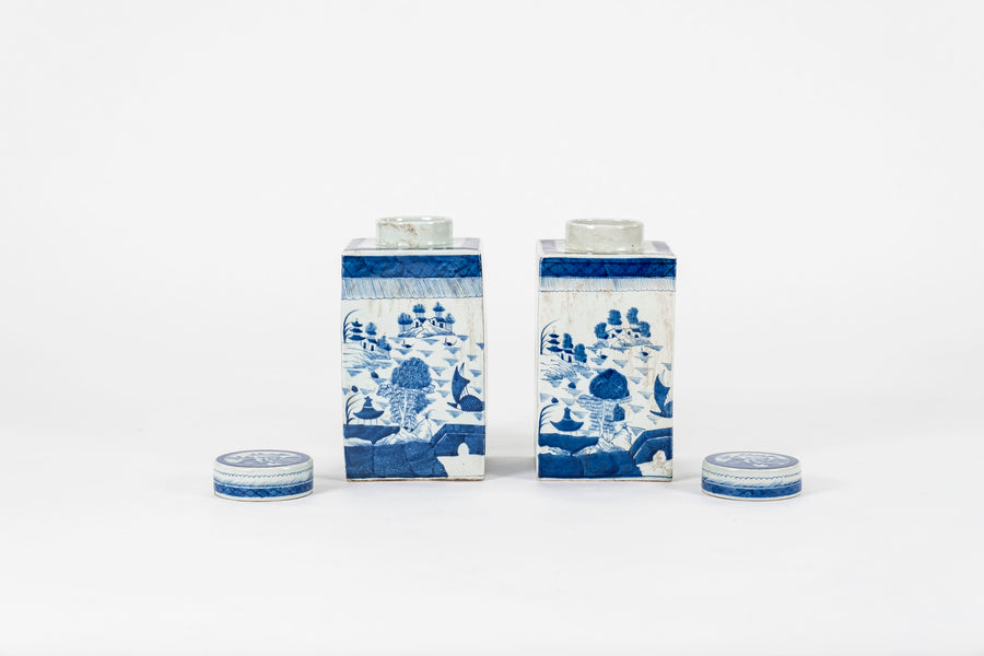 Pair Vintage Square Chinese Blue And White Porcelain Lidded Jars