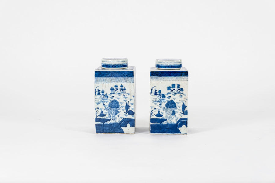 Pair Vintage Square Chinese Blue And White Porcelain Lidded Jars