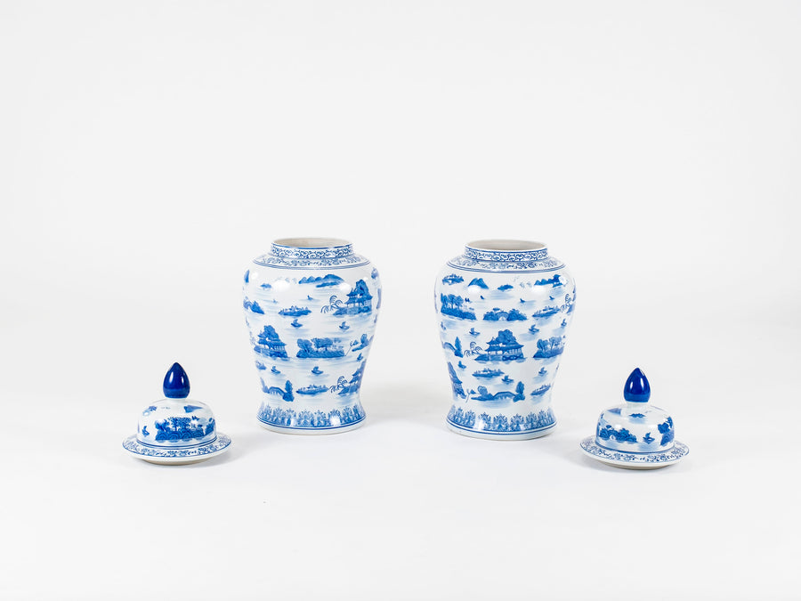 Pair Chinese Blue And White Porcelain General Jars