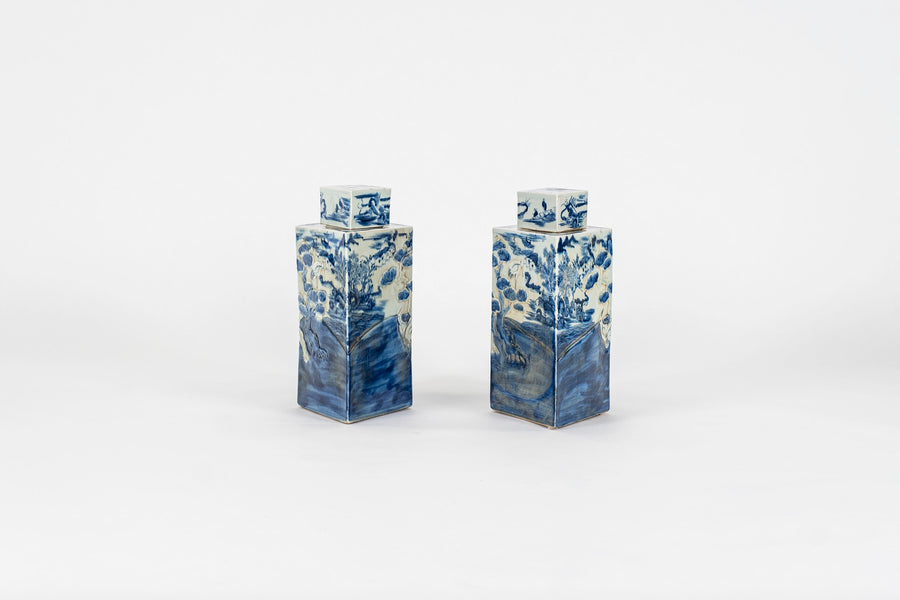 Pair Chinese Diamond-Shaped Blue and White Porcelain Lidded Jars