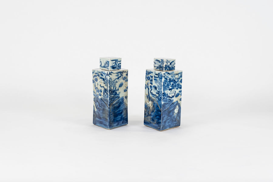 Pair Chinese Diamond-Shaped Blue and White Porcelain Lidded Jars