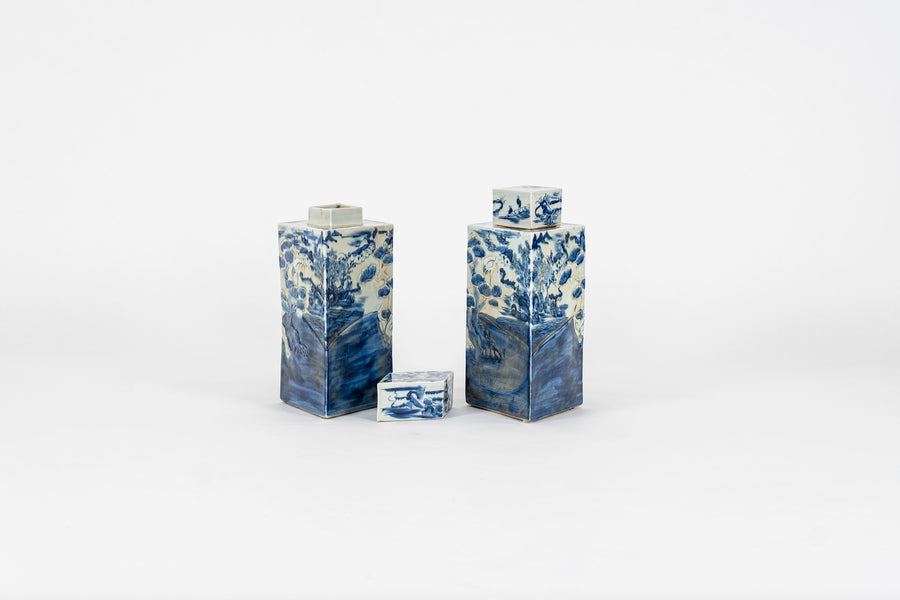 Pair Chinese Diamond-Shaped Blue and White Porcelain Lidded Jars