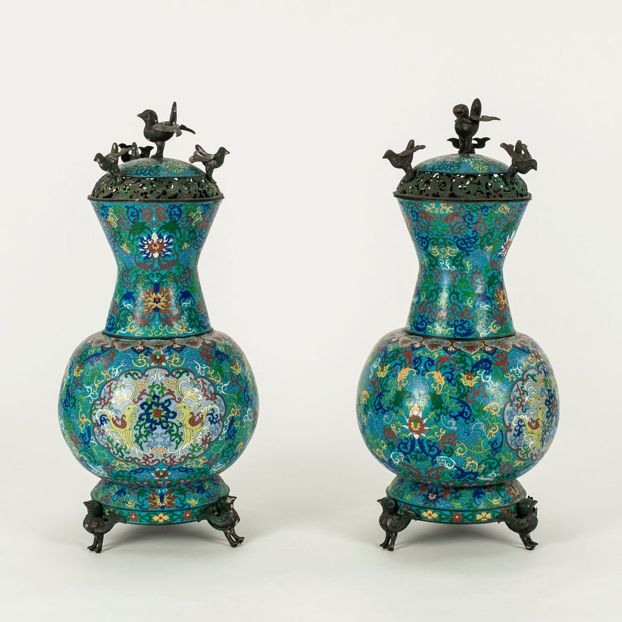 Pair 19th Century Chinese Bronze Cloisonné Urns