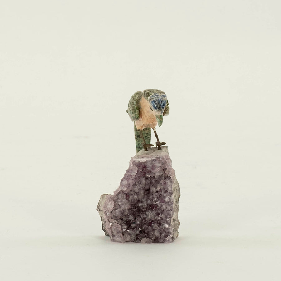 Carved Green Agate Parrot on Amethyst Base