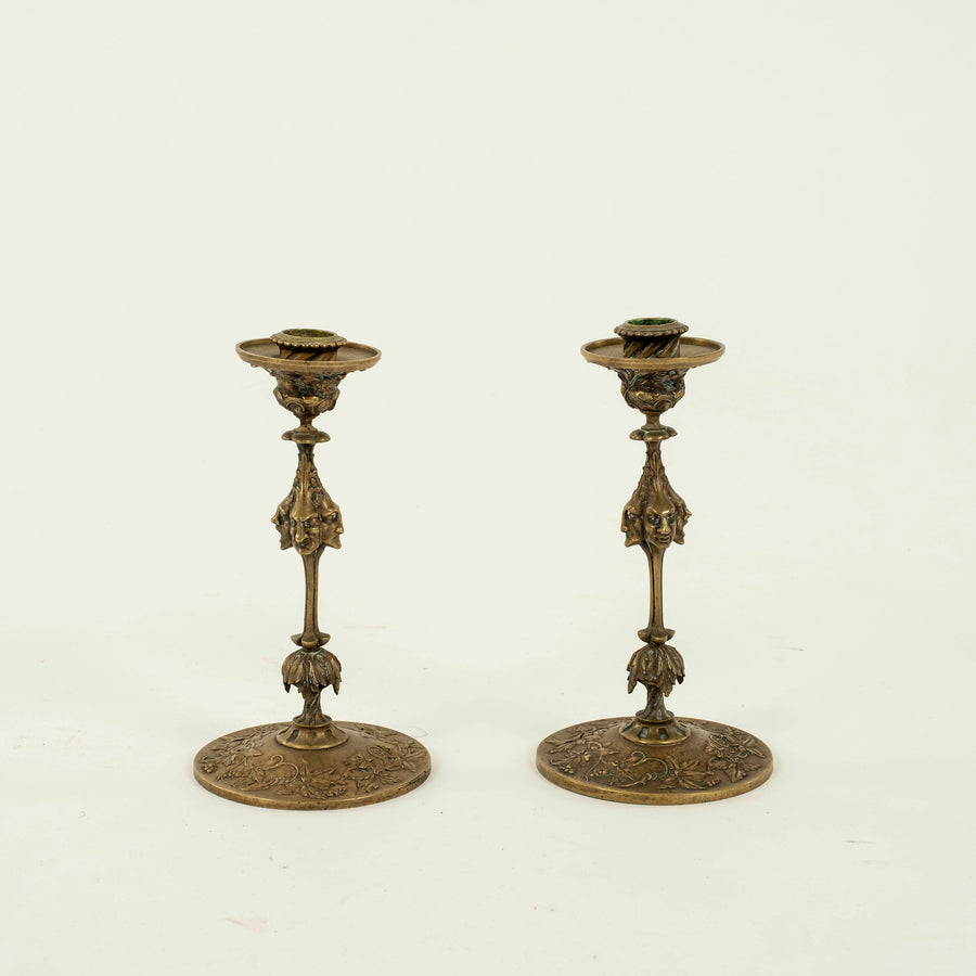 Pair Four-Faced Brass Candlesticks