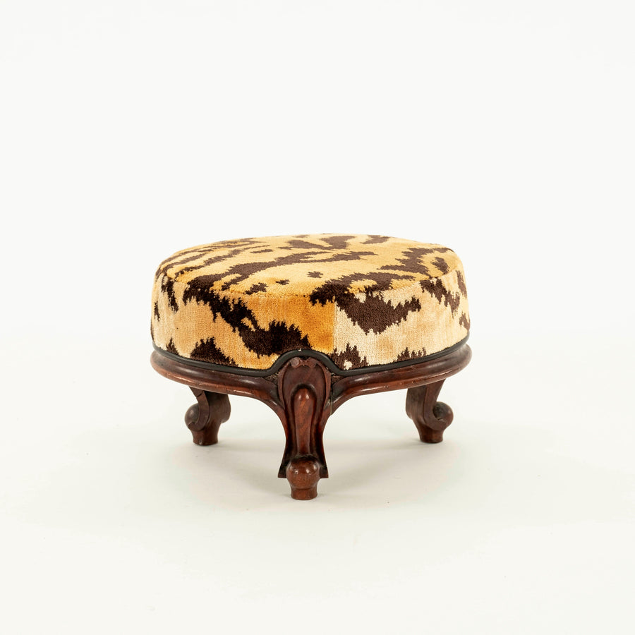 19th Century Louis XV Style Tigre Silk Velvet Round Footstool