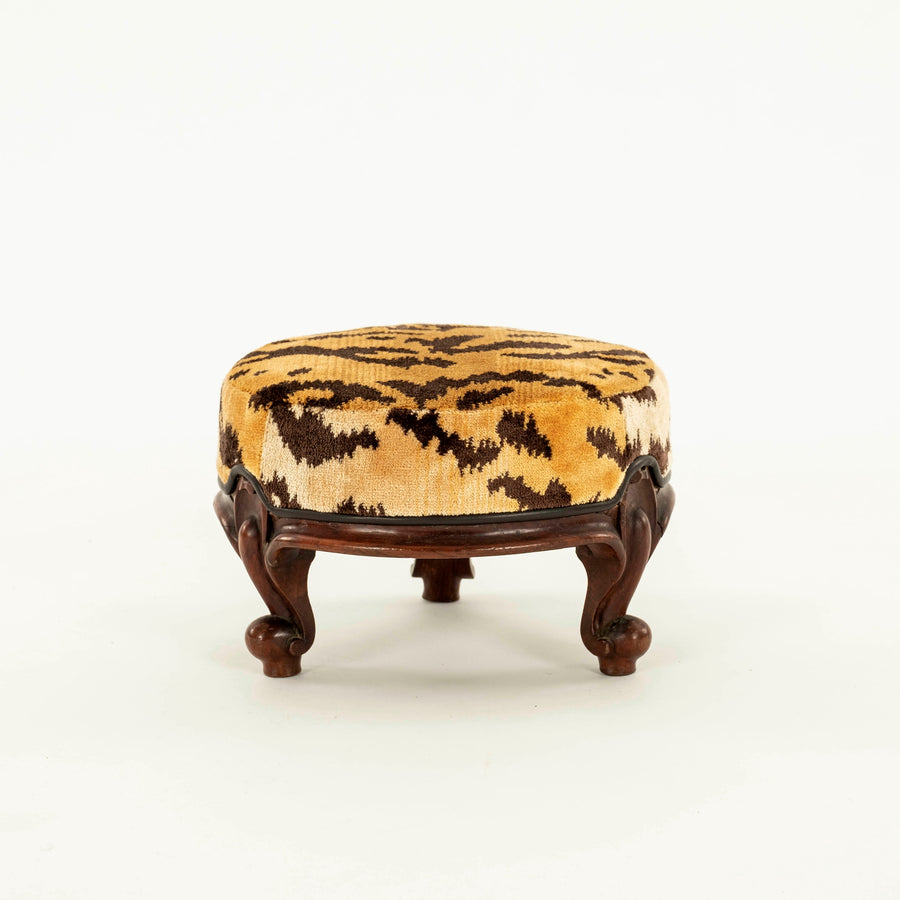 19th Century Louis XV Style Tigre Silk Velvet Round Footstool