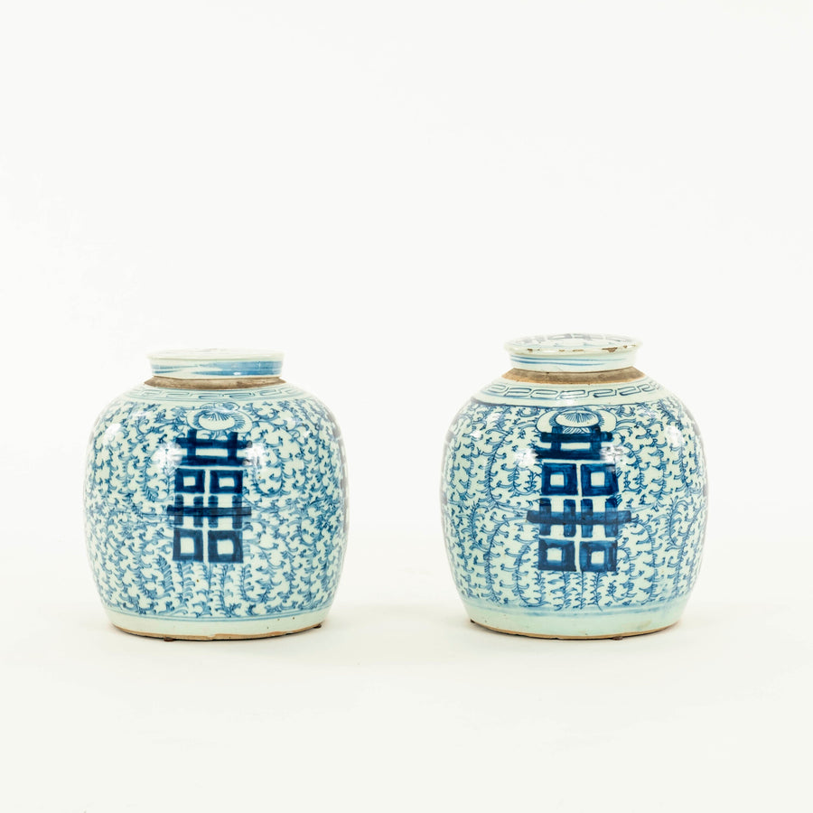 Pair Chinese Blue and White Double Happiness Ginger Jars