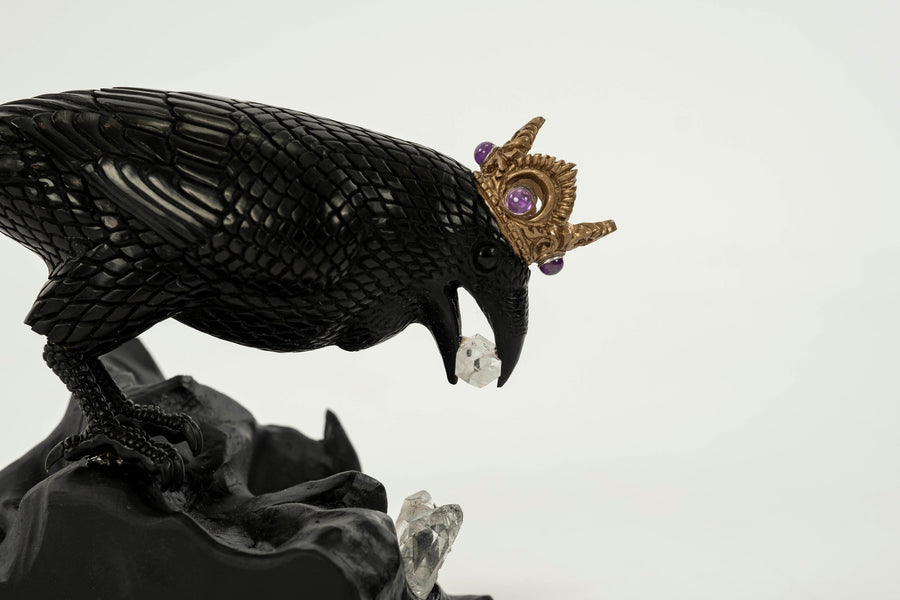 Hand Carved Jet Raven with Quartz Crystals and Crown II