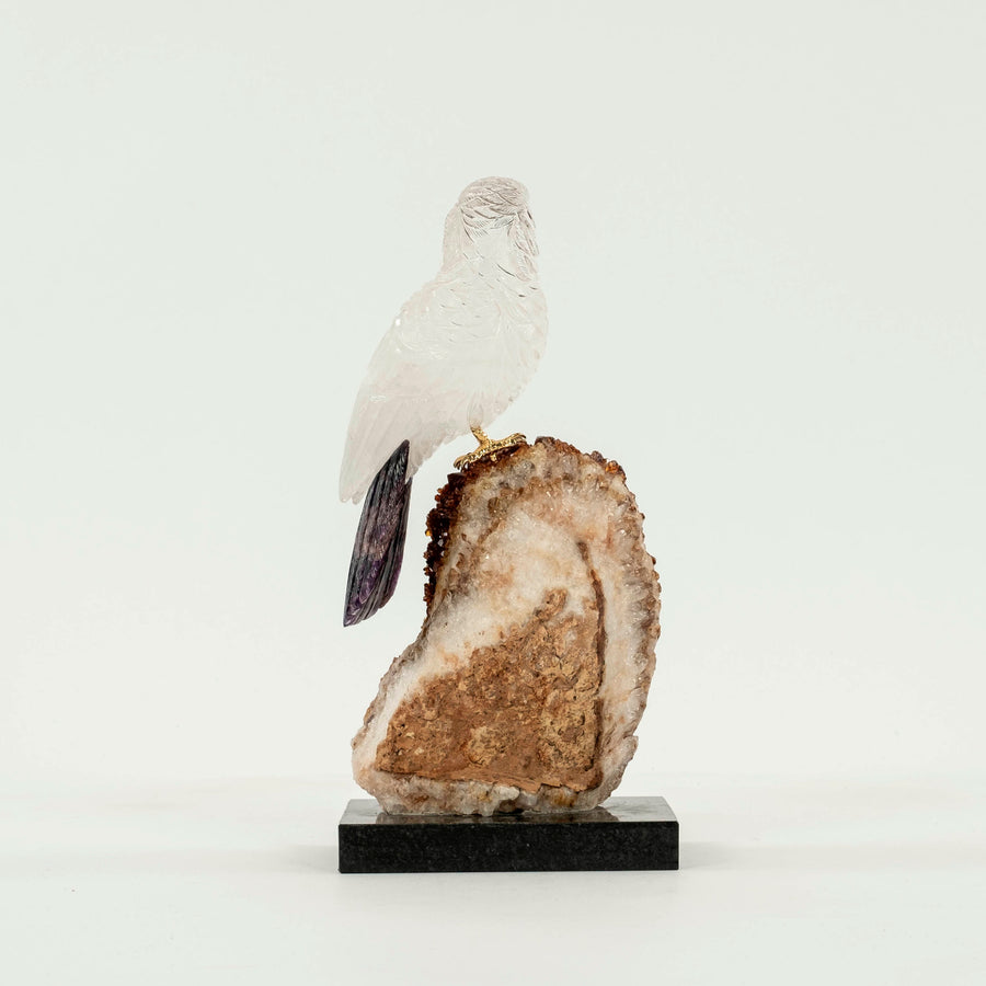 Carved Rock Crystal Quartz Cockatoo on Citrine