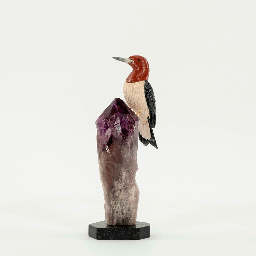 Carved Agate Woodpecker on Amethyst Base