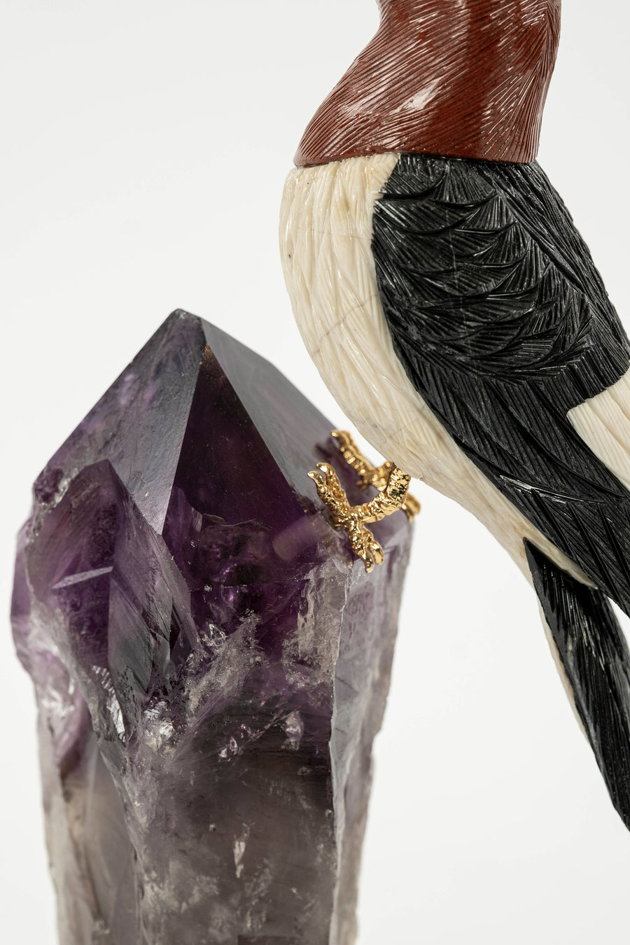 Carved Agate Woodpecker on Amethyst Base