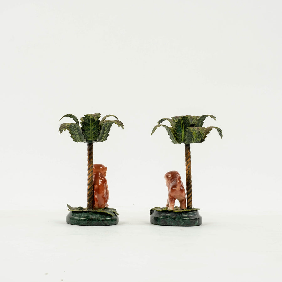 Pair Vintage Tole Monkey Palm Tree Candlesticks