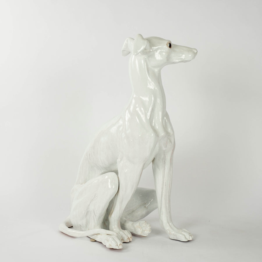 Life-Size Italian White Glazed Terracotta Whippet Greyhound