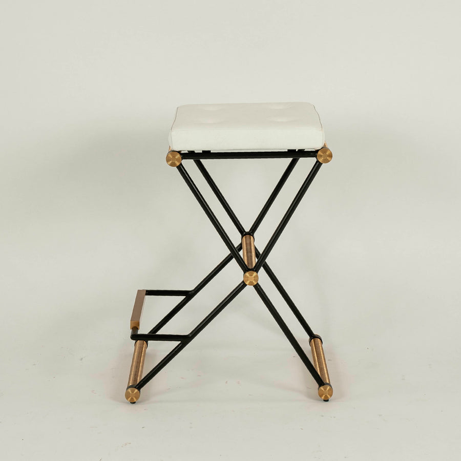 White Leather, Iron and Brass Barstool