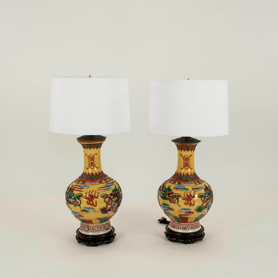 Pair Yellow Porcelain Dragon Table Lamps
